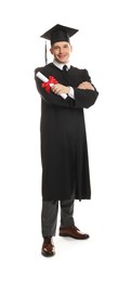Photo of Happy student with diploma after graduation on white background