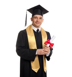 Photo of Student with diploma after graduation on white background