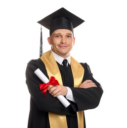 Photo of Student with diploma after graduation on white background