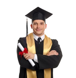 Photo of Student with diploma after graduation on white background