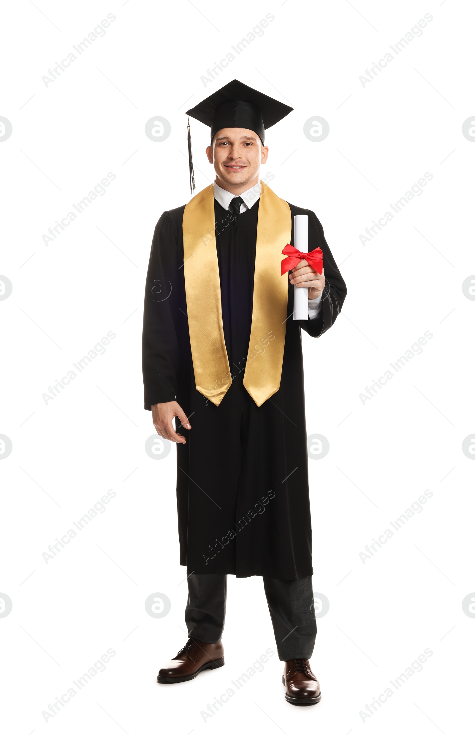 Happy student with diploma after graduation on white background Photo of Happy student with diploma after graduation on white background