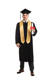 Photo of Happy student with diploma after graduation on white background