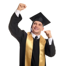 Photo of Happy student after graduation on white background