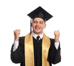 Photo of Happy student after graduation on white background