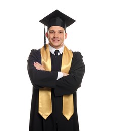 Photo of Happy student after graduation on white background