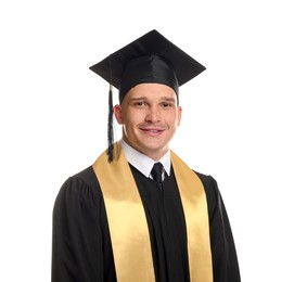 Photo of Happy student after graduation on white background