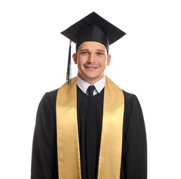 Photo of Happy student after graduation on white background