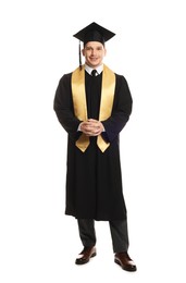 Photo of Happy student after graduation on white background