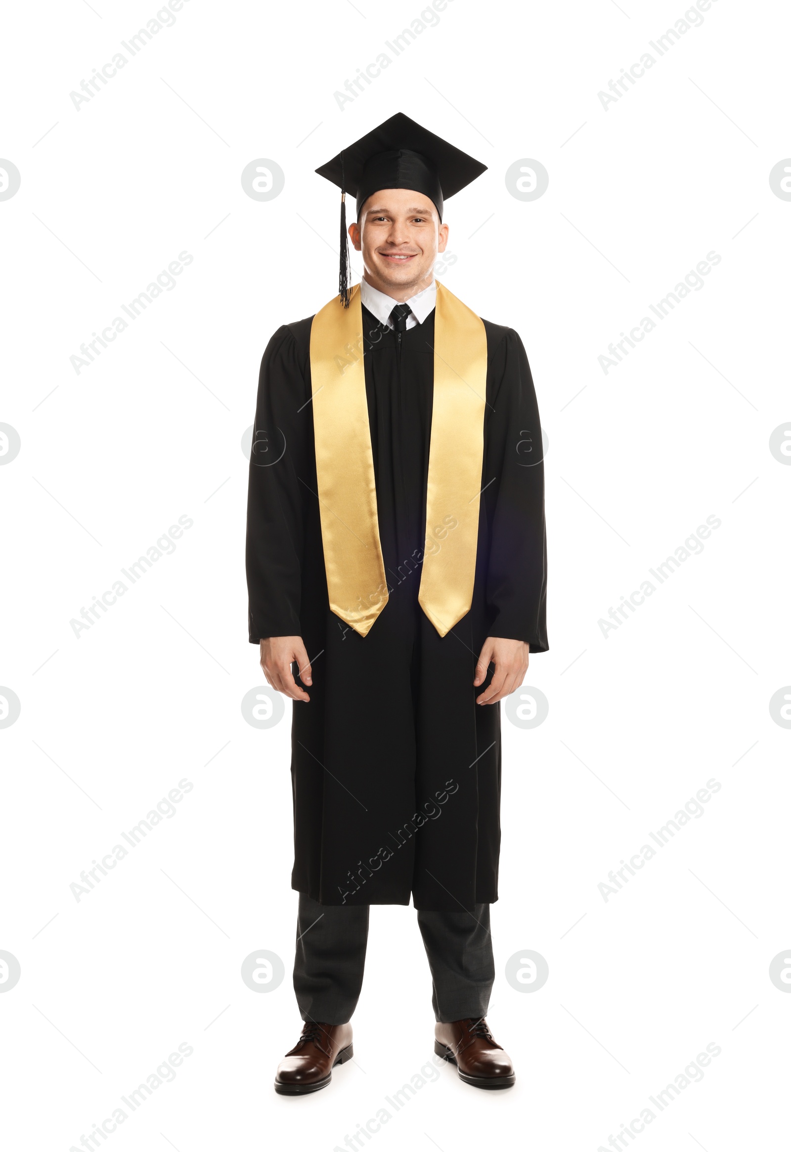Happy student after graduation on white background Photo of Happy student after graduation on white background