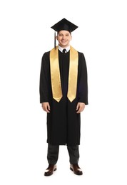 Photo of Happy student after graduation on white background