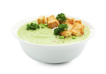 Photo of Tasty pea cream soup with croutons and broccoli isolated on white