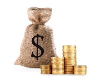 Image of Wealth. Burlap bag with dollar sign and stacked coins isolated on white