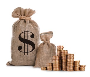 Image of Wealth. Burlap bags and stacked coins isolated on white