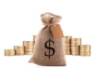 Image of Wealth. Burlap bag with dollar sign and stacked coins isolated on white