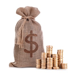 Image of Wealth. Burlap bag with dollar sign and stacked coins isolated on white