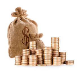 Image of Wealth. Burlap bags and stacked coins isolated on white