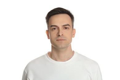 Photo of Handsome man after shaving on white background