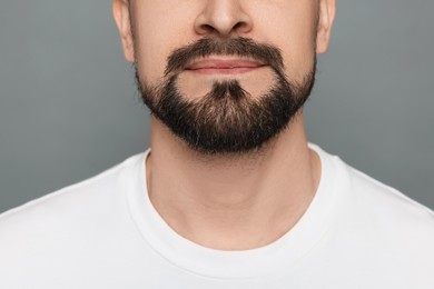 Photo of Man before shaving on grey background, closeup
