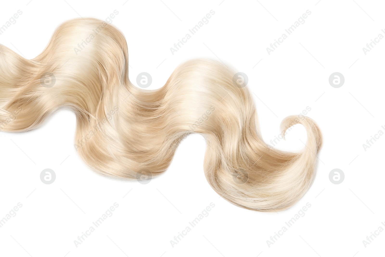 Lock of blonde wavy hair on white background, top view Image of Lock of blonde wavy hair on white background, top view