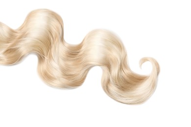 Image of Lock of blonde wavy hair on white background, top view