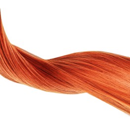 Image of Lock of healthy shiny red hair on white background