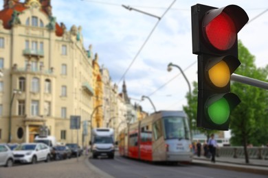 Image of Traffic lights on city street. Signaling device
