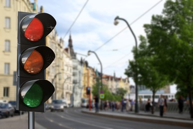 Image of Traffic lights on city street. Signaling device