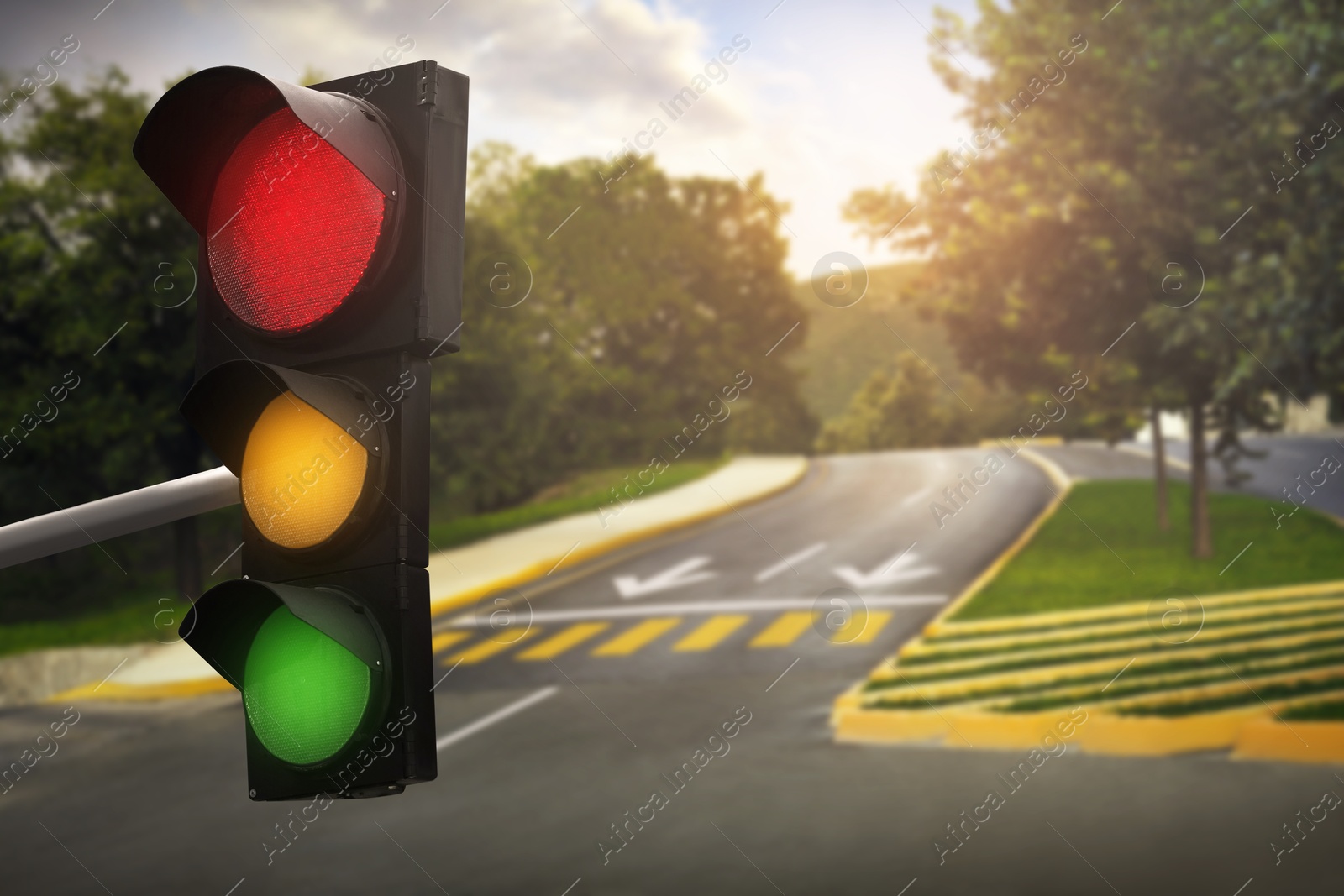 Traffic lights on empty road. Signaling device Image of Traffic lights on empty road. Signaling device