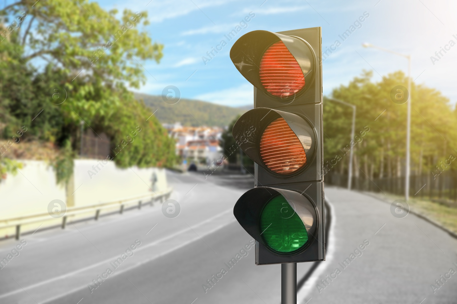 Traffic lights on empty road. Signaling device Image of Traffic lights on empty road. Signaling device