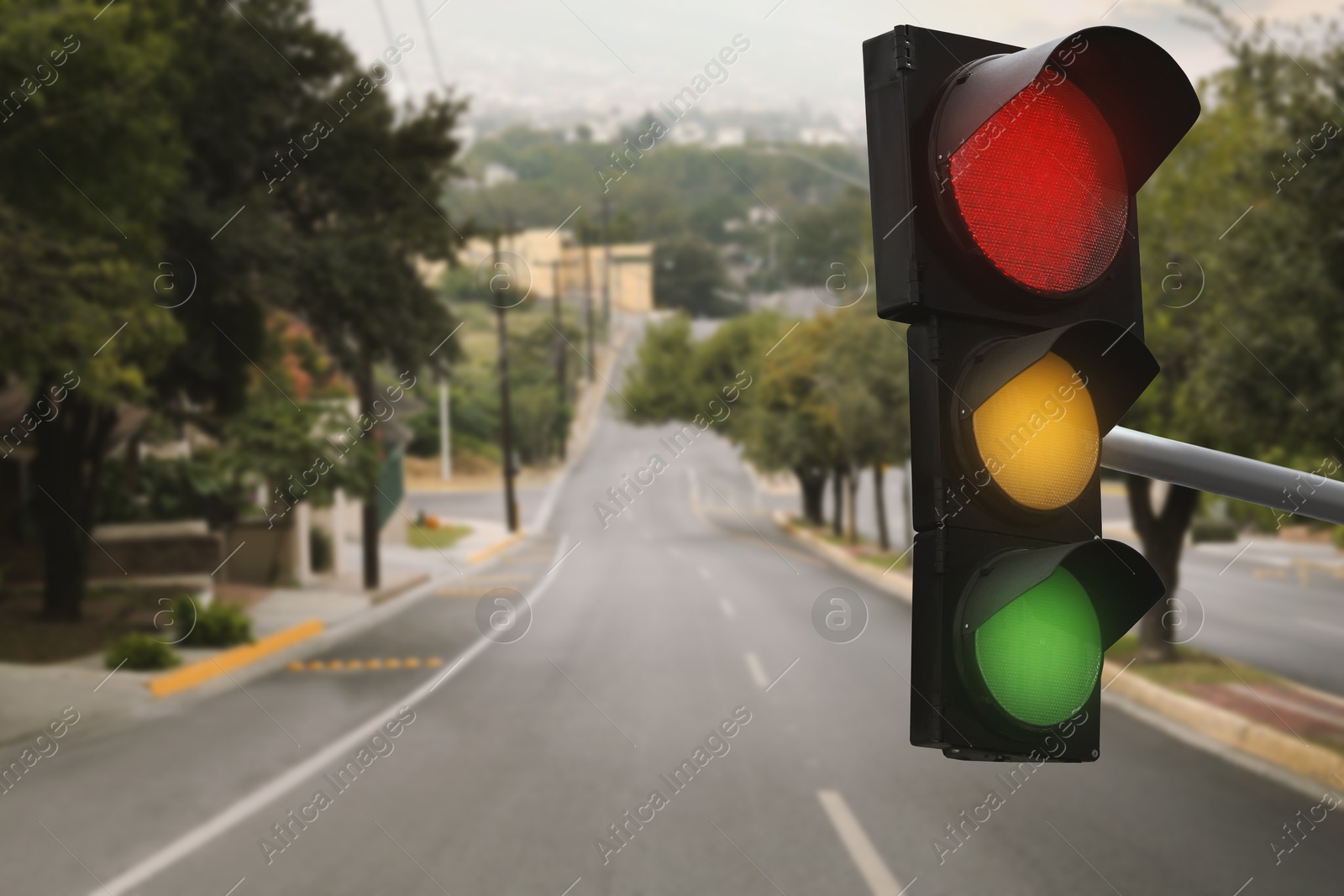 Traffic lights on empty road. Signaling device Image of Traffic lights on empty road. Signaling device