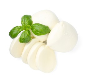 Photo of Pieces of mozzarella cheese and basil isolated on white, top view