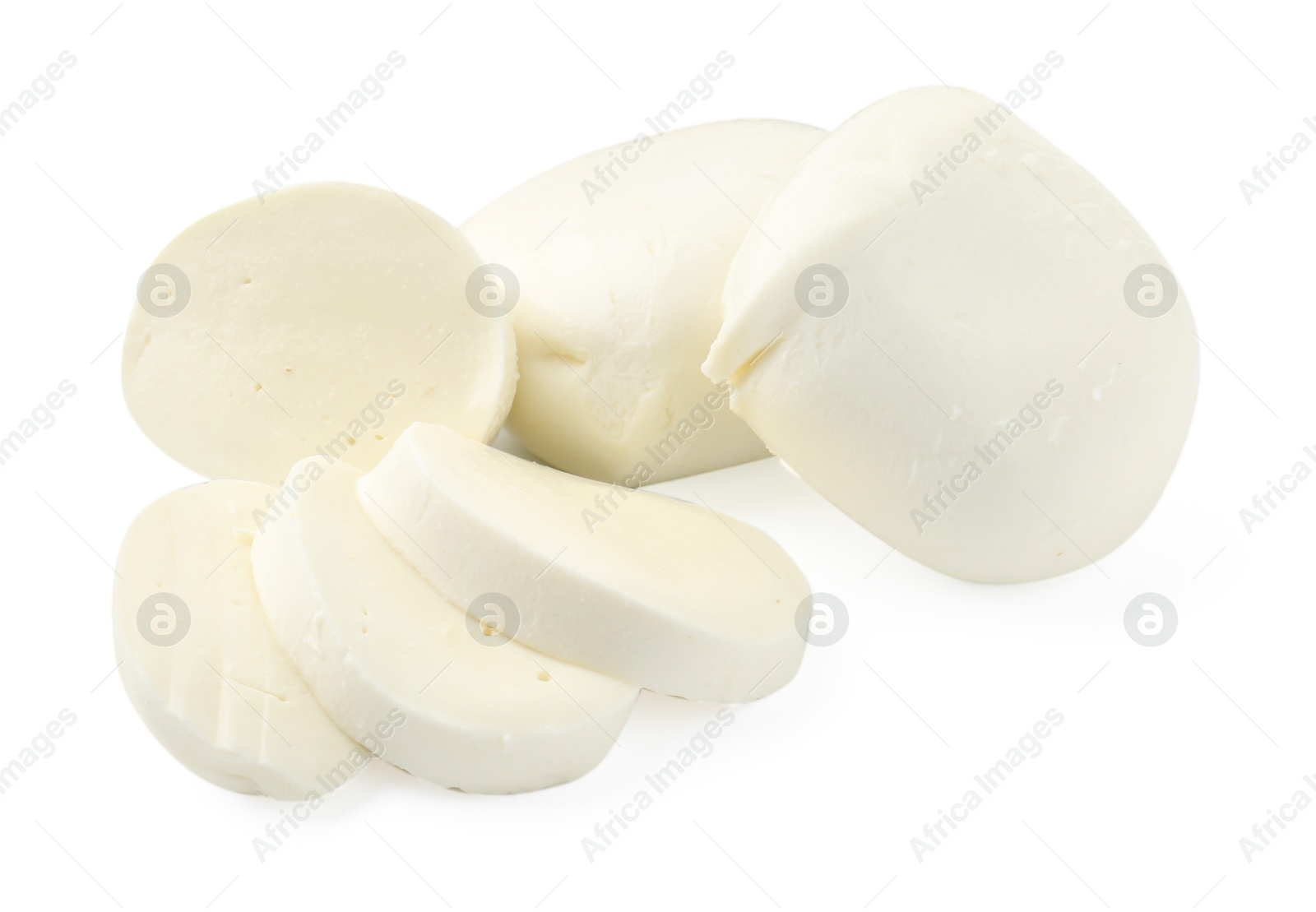 Pieces of mozzarella cheese isolated on white Photo of Pieces of mozzarella cheese isolated on white