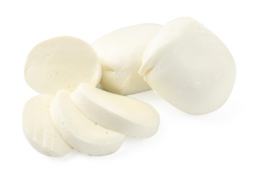 Photo of Pieces of mozzarella cheese isolated on white