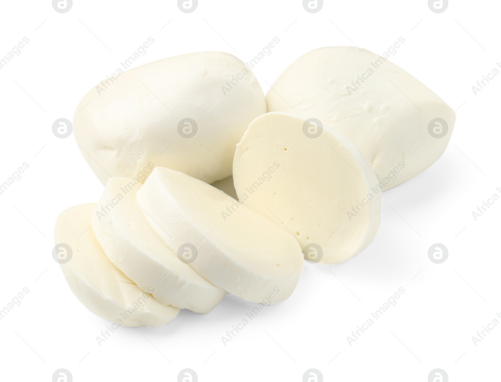 Pieces of mozzarella cheese isolated on white Photo of Pieces of mozzarella cheese isolated on white