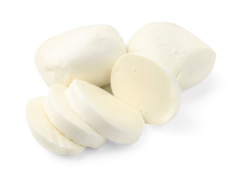 Photo of Pieces of mozzarella cheese isolated on white