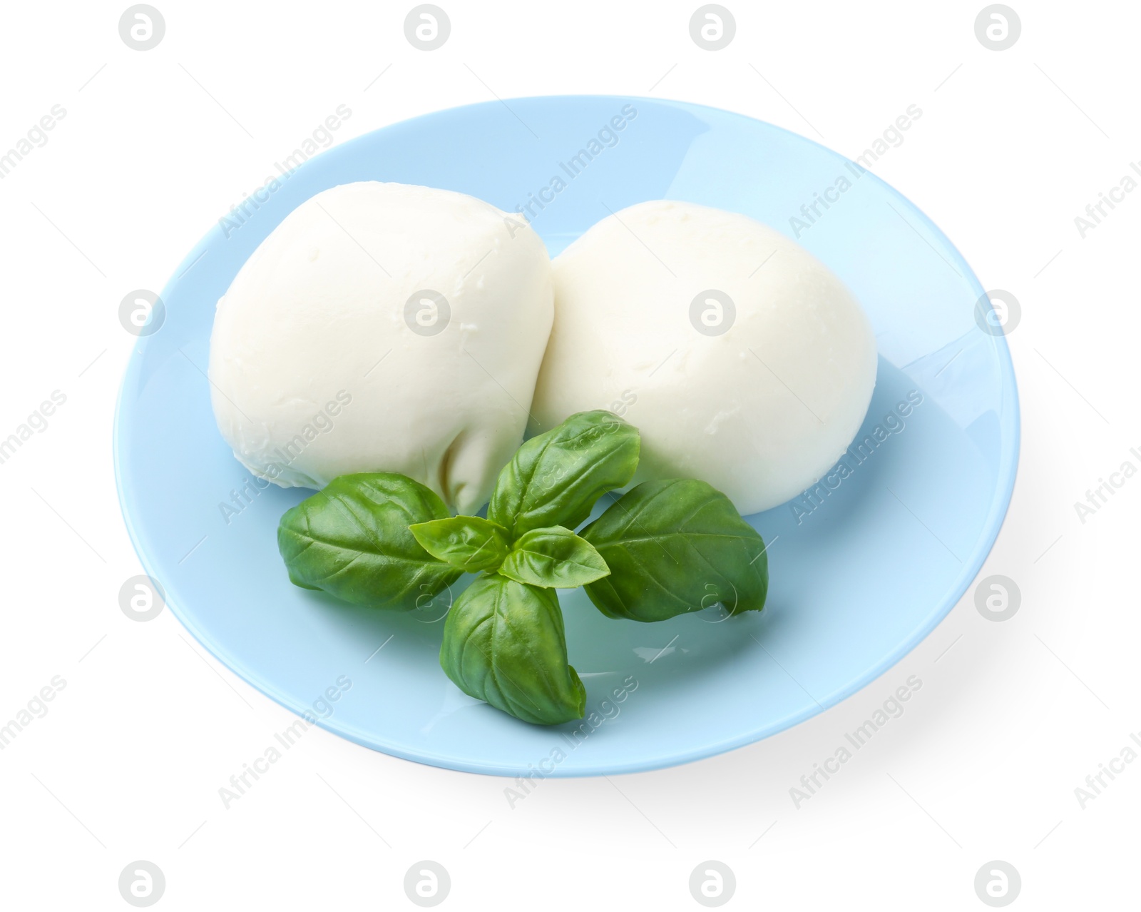 Photo of Tasty mozzarella cheese and basil isolated on white