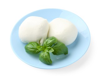 Photo of Tasty mozzarella cheese and basil isolated on white