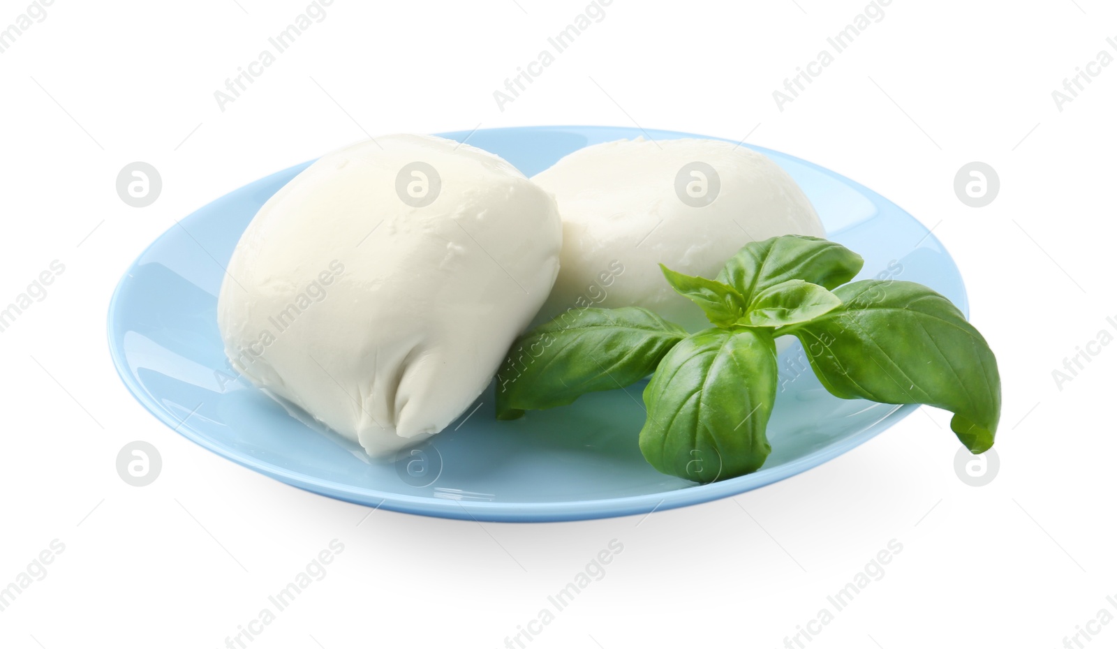 Photo of Tasty mozzarella cheese and basil isolated on white