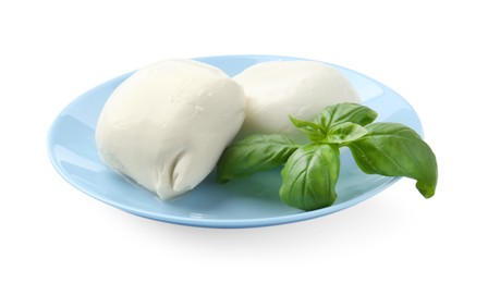 Photo of Tasty mozzarella cheese and basil isolated on white