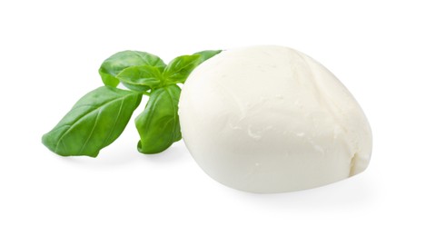 Photo of Tasty mozzarella cheese and basil isolated on white