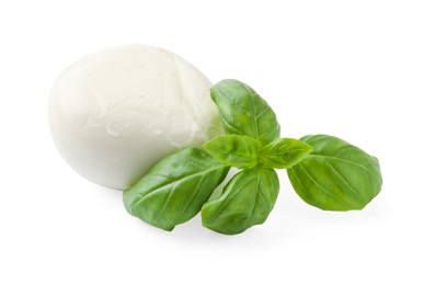 Photo of Tasty mozzarella cheese and basil isolated on white