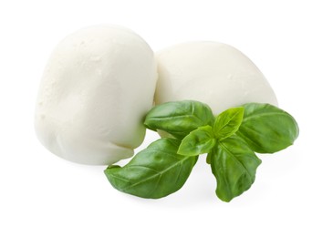 Photo of Tasty mozzarella cheese and basil isolated on white