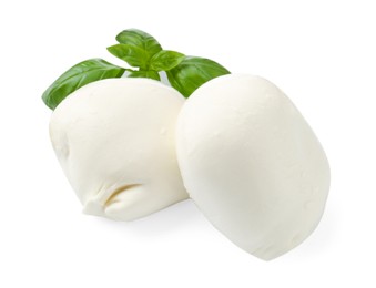 Photo of Tasty mozzarella cheese and basil isolated on white