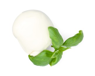 Photo of Tasty mozzarella cheese and basil isolated on white, top view