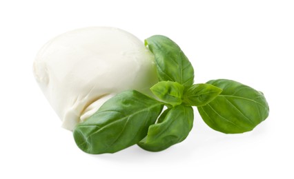 Photo of Tasty mozzarella cheese and basil isolated on white