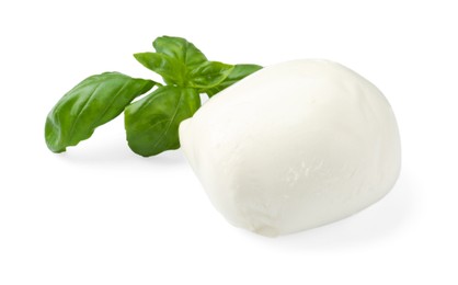 Photo of Tasty mozzarella cheese and basil isolated on white