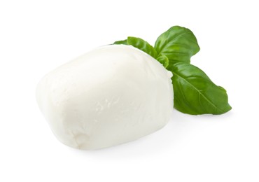 Photo of Tasty mozzarella cheese and basil isolated on white