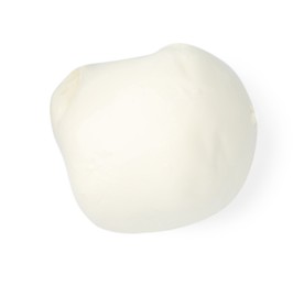 Photo of Tasty mozzarella cheese ball isolated on white, top view