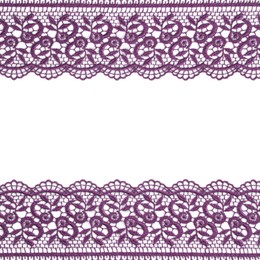 Image of Frame made of beautiful purple lace on white background