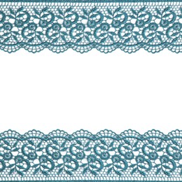 Image of Frame made of beautiful light blue lace on white background